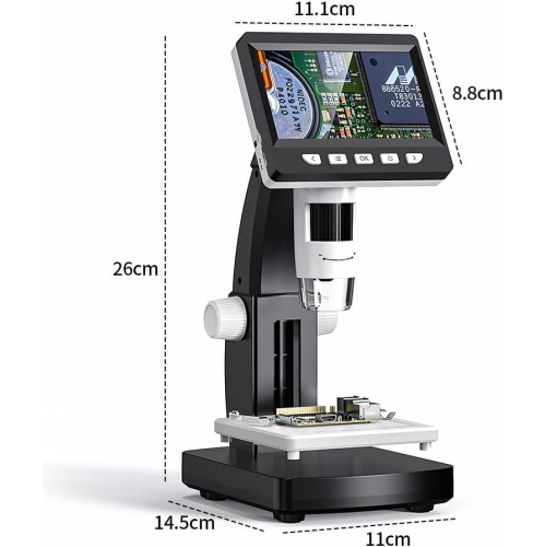 Microscope numérique professionnel HD - Écran IPS de 4,3&nbsp;po/grossissement 1000x/support en métal/gradation 8LED/platine relevable