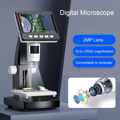 Microscope numérique professionnel HD - Écran IPS de 4,3&nbsp;po/grossissement 1000x/support en métal/gradation 8LED/platine relevable