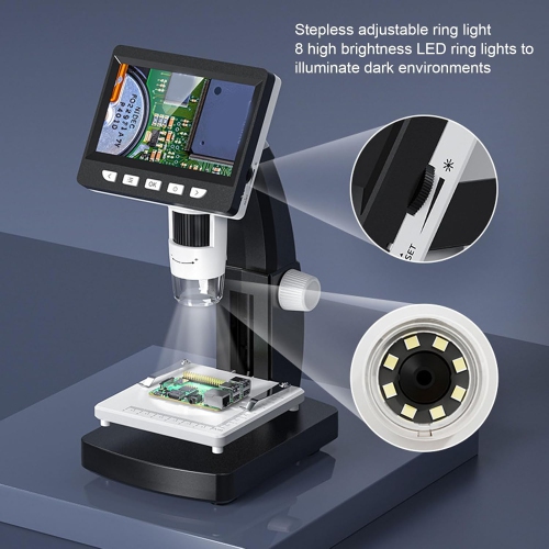 Microscope numérique professionnel HD - Écran IPS de 4,3&nbsp;po/grossissement 1000x/support en métal/gradation 8LED/platine relevable