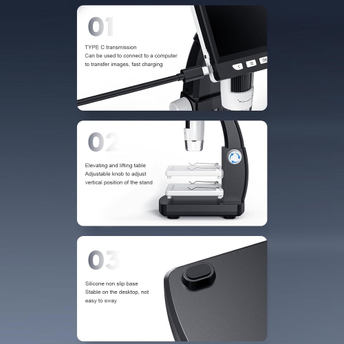 Microscope numérique professionnel HD - Écran IPS de 4,3&nbsp;po/grossissement 1000x/support en métal/gradation 8LED/platine relevable