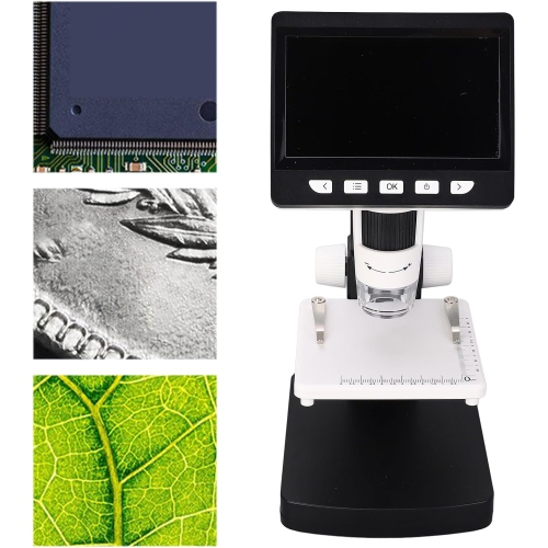 Microscope numérique professionnel HD - Écran IPS de 4,3&nbsp;po/grossissement 1000x/support en métal/gradation 8LED/platine relevable