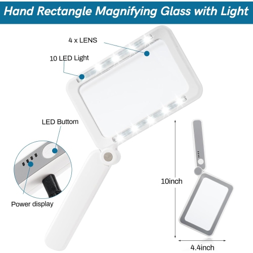 LED foldable eye protection magnifier - 4x HD lens + 10 dimming LEDs Portable reading/observation artifact HD magnifier for elderly/children