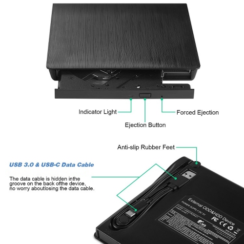 Lecteur optique externe USB 3,0 graveur de bureau DVD pour ordinateur portatif Lecteur de disque optique externe - noir