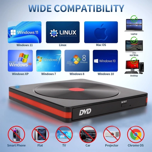 Graveur de disque optique externe USB Lecteur/graveur de CD/DVD portatif Compatible avec les ordinateurs de bureau et les portables Prêt à l'emploi