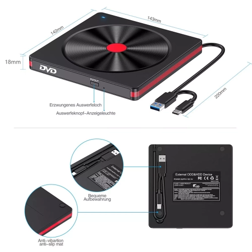 Graveur de disque optique externe USB Lecteur/graveur de CD/DVD portatif Compatible avec les ordinateurs de bureau et les portables Prêt à l'emploi