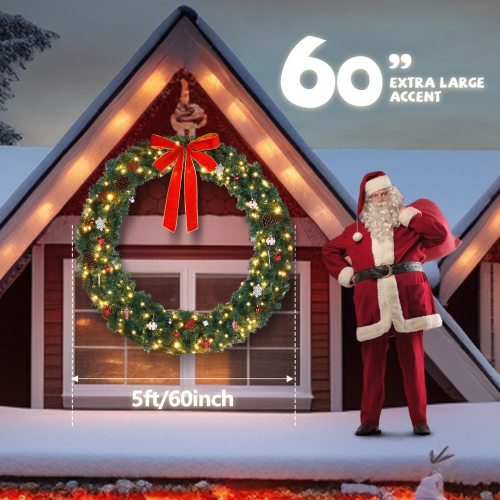 Karl Home PVC Christmas Wreath with Lights and Red Bow