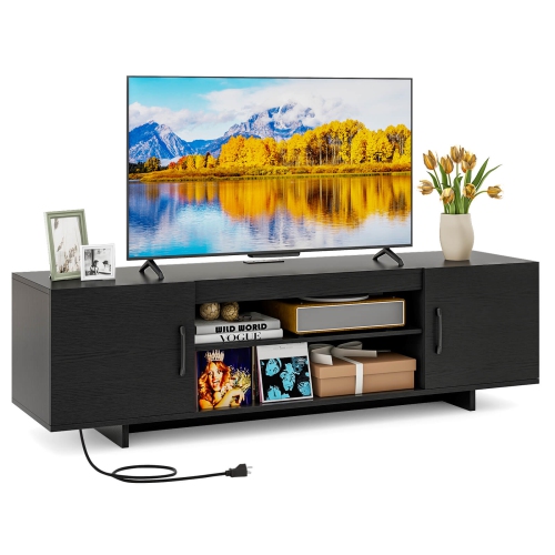Costway TV Stand for 70" TVs Modern Entertain Center with Power Outlet & 2 Cable Holes Brown/Black
