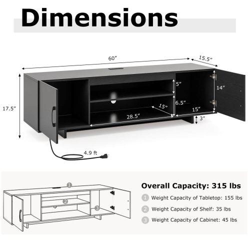 Costway TV Stand for 70" TVs Modern Entertain Center with Power Outlet & 2 Cable Holes Brown/Black