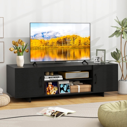 Costway TV Stand for 70" TVs Modern Entertain Center with Power Outlet & 2 Cable Holes Brown/Black