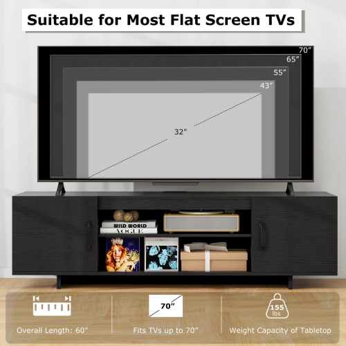 Costway TV Stand for 70" TVs Modern Entertain Center with Power Outlet & 2 Cable Holes Brown/Black