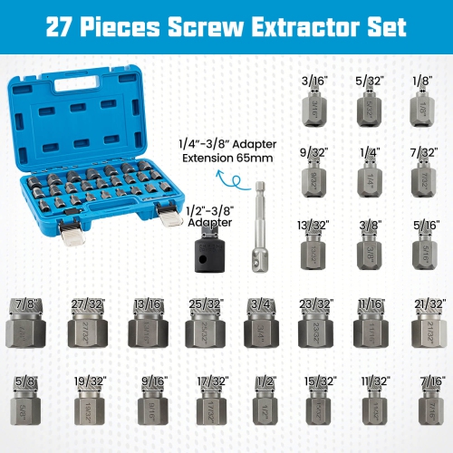 Costway 27 PCS Multi-Spline Screw Extractor Set with 3/8" Drive Hex Head Bolt Remover Blue/Orange