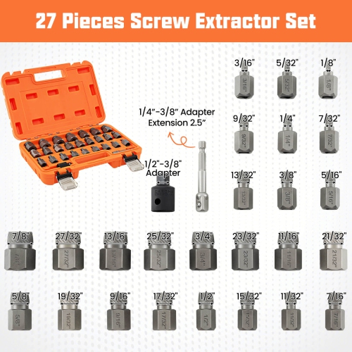 Costway 27 PCS Multi-Spline Screw Extractor Set with 3/8" Drive Hex Head Bolt Remover Blue/Orange