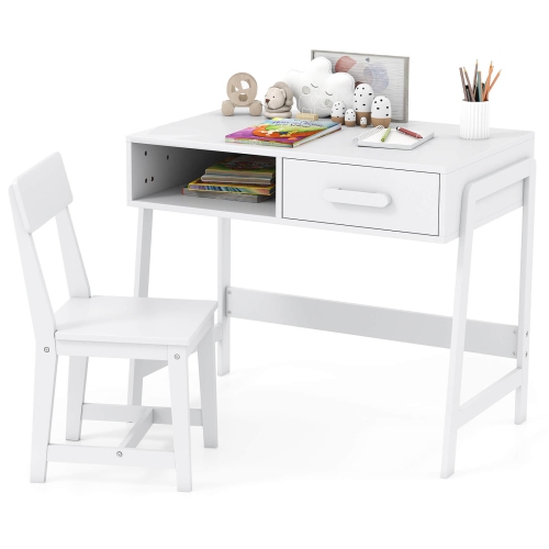 Costway Kids Desk and Chair Set with Storage Drawer and Hutch, Student Writing Desk Set Brown/Pink/White/Black