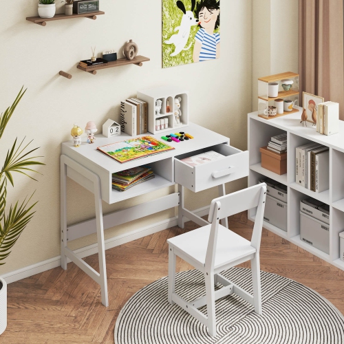 Costway Kids Desk and Chair Set with Storage Drawer and Hutch, Student Writing Desk Set Brown/Pink/White/Black