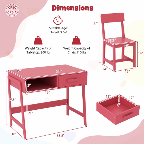 Costway Kids Desk and Chair Set with Storage Drawer and Hutch, Student Writing Desk Set Brown/Pink/White/Black