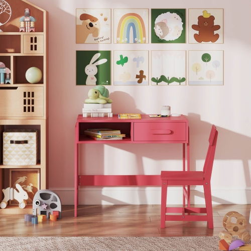 Costway Kids Desk and Chair Set with Storage Drawer and Hutch, Student Writing Desk Set Brown/Pink/White/Black