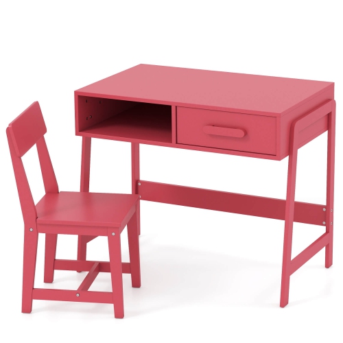 Costway Kids Desk and Chair Set with Storage Drawer and Hutch, Student Writing Desk Set Brown/Pink/White/Black