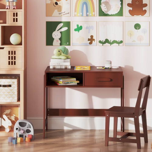 Costway Kids Desk and Chair Set with Storage Drawer and Hutch, Student Writing Desk Set Brown/Pink/White/Black