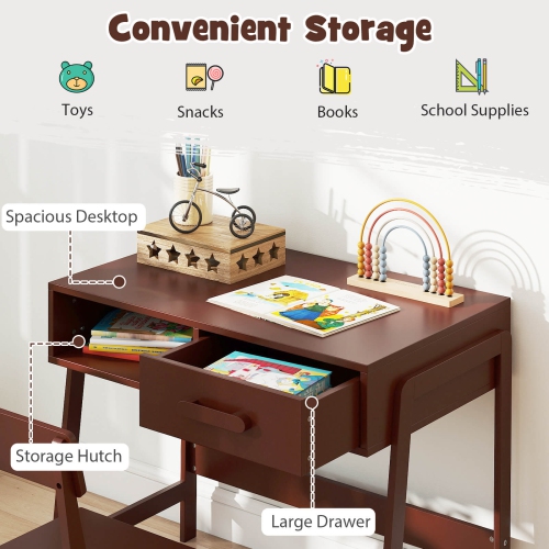 Costway Kids Desk and Chair Set with Storage Drawer and Hutch, Student Writing Desk Set Brown/Pink/White/Black