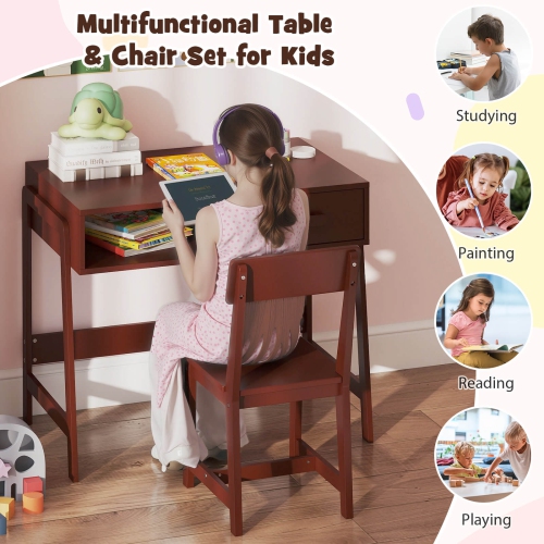 Costway Kids Desk and Chair Set with Storage Drawer and Hutch, Student Writing Desk Set Brown/Pink/White/Black