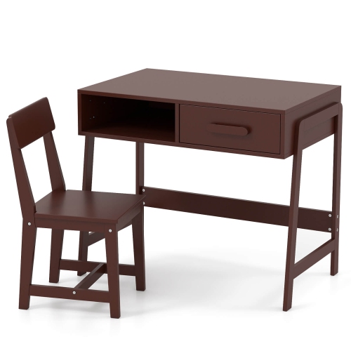Costway Kids Desk and Chair Set with Storage Drawer and Hutch, Student Writing Desk Set Brown/Pink/White/Black