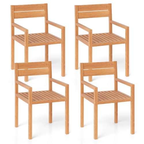 COSTWAY  1/2/4 PCs Outdoor Teak Wood Chair Patio Dining Armchair With Slatted Seat & Backrest