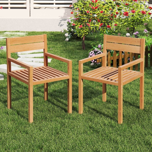 Costway 1/2/4 PCS Outdoor Teak Wood Chair Patio Dining Armchair with Slatted Seat & Backrest