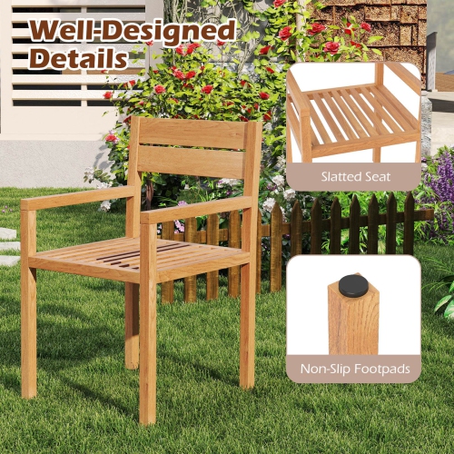 Costway 1/2/4 PCS Outdoor Teak Wood Chair Patio Dining Armchair with Slatted Seat & Backrest