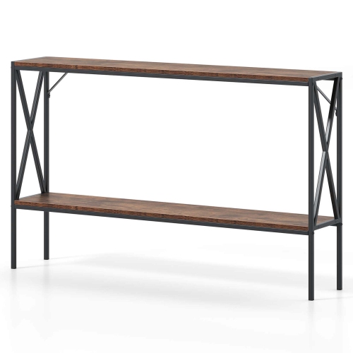 COSTWAY  Narrow Console Table 2-Tier Entryway Table With Storage 2 Support Bars Sofa Table Brown/white
