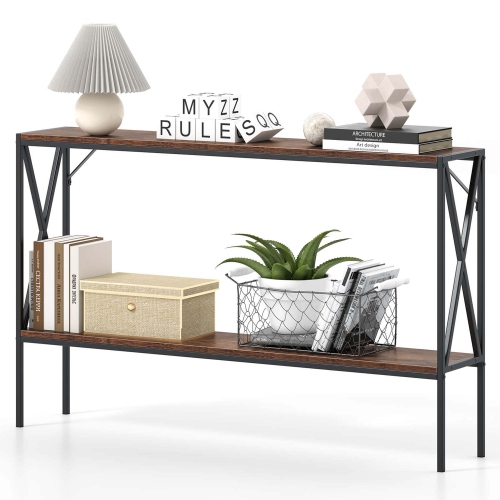 Costway Narrow Console Table 2-Tier Entryway Table with Storage 2 Support Bars Sofa Table Brown/White