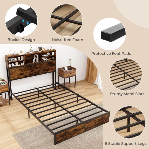 Costway Twin/Queen/King/Full Bed Frame with Charging Station Storage Headboard Under-bed Storage Space