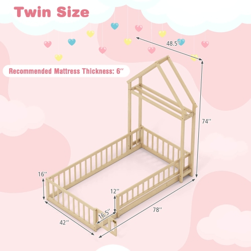 Costway Twin Size House Floor Bed with House-shaped Headboard Clothes Hanger without Slats Gray/Beige/Pink/White