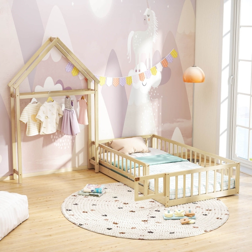 Costway Twin Size House Floor Bed with House-shaped Headboard Clothes Hanger without Slats Gray/Beige/Pink/White
