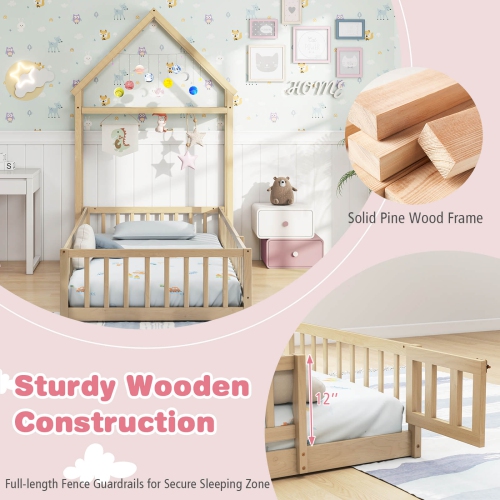 Costway Twin Size House Floor Bed with House-shaped Headboard Clothes Hanger without Slats Gray/Beige/Pink/White