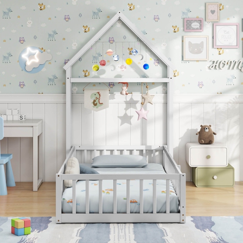 Costway Twin Size House Floor Bed with House-shaped Headboard Clothes Hanger without Slats Gray/Beige/Pink/White