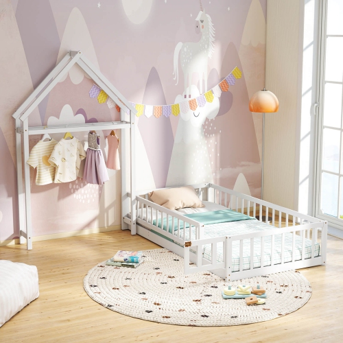 Costway Twin Size House Floor Bed with House-shaped Headboard Clothes Hanger without Slats Gray/Beige/Pink/White