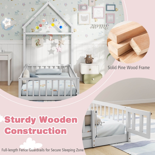 Costway Twin Size House Floor Bed with House-shaped Headboard Clothes Hanger without Slats Gray/Beige/Pink/White