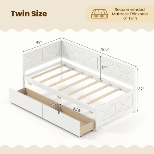 Costway Twin Size Daybed with 2 Storage Drawers Slats Support & Guardrails Sofa Bed White/Gray