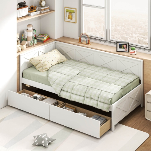 Costway Twin Size Daybed with 2 Storage Drawers Slats Support & Guardrails Sofa Bed White/Gray