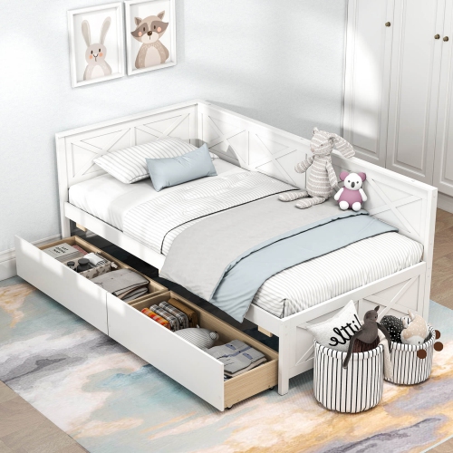 Costway Twin Size Daybed with 2 Storage Drawers Slats Support & Guardrails Sofa Bed White/Gray