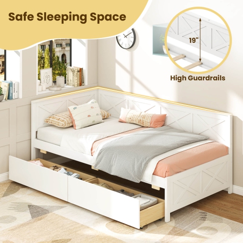Costway Twin Size Daybed with 2 Storage Drawers Slats Support & Guardrails Sofa Bed White/Gray