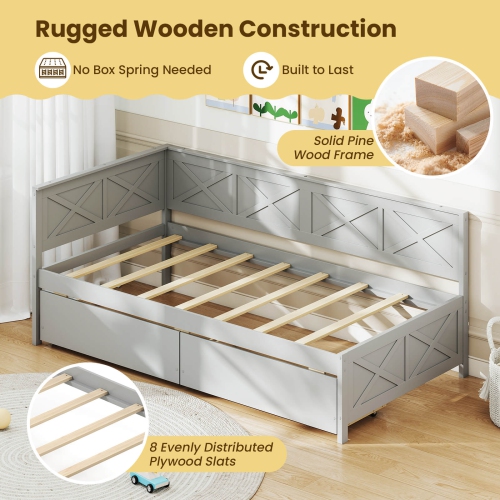 Costway Twin Size Daybed with 2 Storage Drawers Slats Support & Guardrails Sofa Bed White/Gray