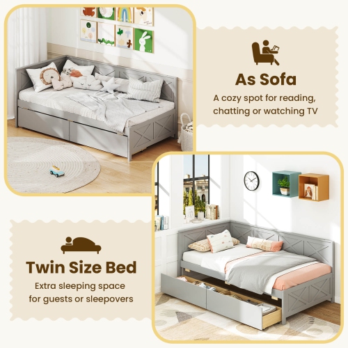 Costway Twin Size Daybed with 2 Storage Drawers Slats Support & Guardrails Sofa Bed White/Gray
