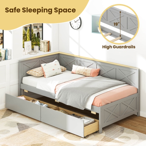 Costway Twin Size Daybed with 2 Storage Drawers Slats Support & Guardrails Sofa Bed White/Gray