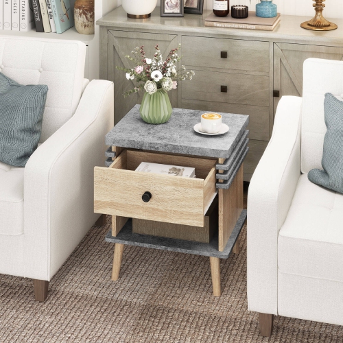 Costway 1/2 PCS 3-Tier Bedside Table with Antique Grey Faux Marble Top & Open Shelf