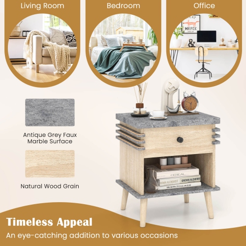 Costway 1/2 PCS 3-Tier Bedside Table with Antique Grey Faux Marble Top & Open Shelf
