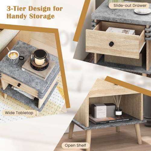 Table de chevet à 3 niveaux 1/2 de Costway avec dessus en faux marbre gris antique et tablette ouverte