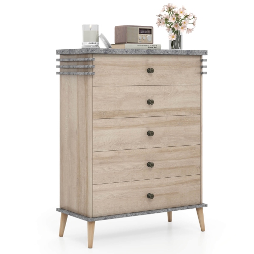 Costway 5-Drawer Dresser Farmhouse Chest of Drawers with Rubber Wood Legs Anti-tipping Kit