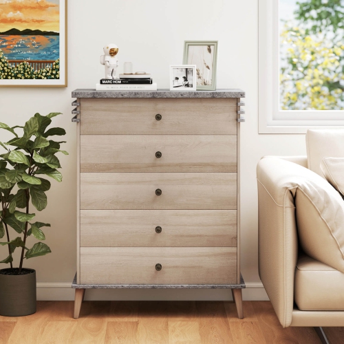 Costway 5-Drawer Dresser Farmhouse Chest of Drawers with Rubber Wood Legs Anti-tipping Kit