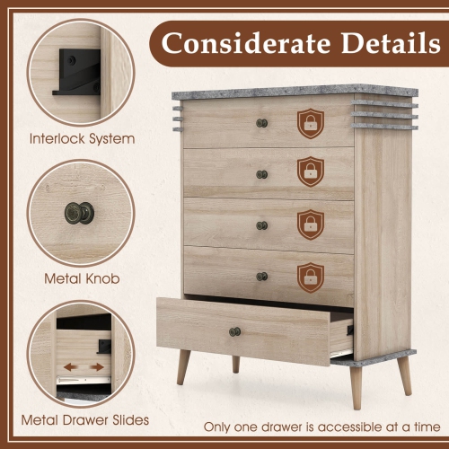 Costway 5-Drawer Dresser Farmhouse Chest of Drawers with Rubber Wood Legs Anti-tipping Kit
